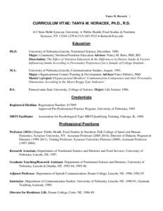 Tanya M. Horacek  1 CURRICULUM VITAE: TANYA M. HORACEK, Ph.D., R.D. 413 Sims Hall Syracuse University  Public Health, Food Studies & Nutrition
