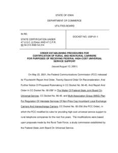 STATE OF IOWA DEPARTMENT OF COMMERCE UTILITIES BOARD IN RE: DOCKET NO. USP-01-1