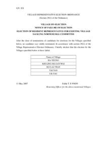 G.N. XX VILLAGE REPRESENTATIVE ELECTION ORDINANCE (Section[removed]of the Ordinance) VILLAGE BY-ELECTION NOTICE OF FAILURE OF ELECTION ELECTION OF RESIDENT REPRESENTATIVE FOR EXISTING VILLAGE