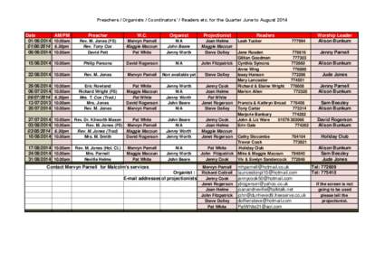 Preachers / Organists / Coordinators’ / Readers etc. for the Quarter June to August 2014 Date[removed][removed]