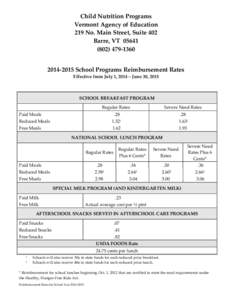 Child Nutrition Programs Vermont Agency of Education 219 No. Main Street, Suite 402 Barre, VT[removed][removed]School Programs Reimbursement Rates