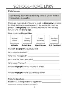 SCHOOL-HOME LINKS ChildÕs name ______________________________________ Dear Family, Your child is learning about a special kind of book called a biography. There are many kinds of books to read. A biography is a book tha