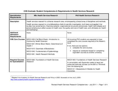 CHS Graduate Student Competencies & Requirements in Health Services Research Specialization Requirements Description  MSc Health Services Research