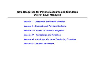 Data Resources for Perkins Measures and Standards District-Level Measures Measure I – Completion of Full-time Students Measure II – Completion of Part-time Students Measure III – Access to Technical Programs Measur