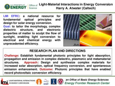 Light-Material Interactions in Energy Conversion Harry A. Atwater (Caltech) LMI EFRC: a national resource for fundamental optical principles and design for solar energy conversion. Goal: to tailor the morphology, complex