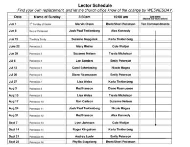 Lector Schedule Find your own replacement, and let the church office know of the change by WEDNESDAY. Date Name of Sunday th