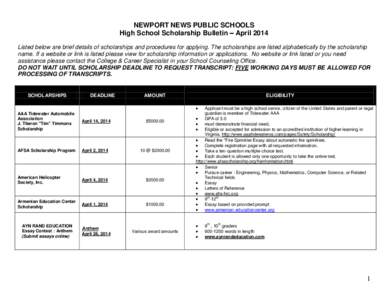 NEWPORT NEWS PUBLIC SCHOOLS High School Scholarship Bulletin – April 2014 Listed below are brief details of scholarships and procedures for applying. The scholarships are listed alphabetically by the scholarship name. 