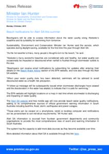News Release Minister Ian Hunter Minister for Sustainability, Environment and Conservation Minister for Water and the River Murray Minister for Climate Change Monday, 5 October, 2015