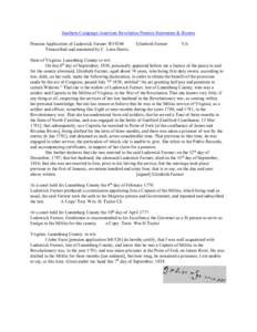 Southern Campaign American Revolution Pension Statements & Rosters Pension Application of Ludowick Farmer W19244 Transcribed and annotated by C. Leon Harris. Elizabeth Farmer