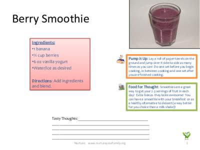 Berry Smoothie Ingredients: •1 banana •¼ cup berries •6 oz vanilla yogurt •Water/ice as desired