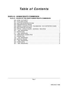 Ta b l e o f C o n t e n t s IDAPA 45 - HUMAN RIGHTS COMMISSION[removed]RULES OF THE IDAHO HUMAN RIGHTS COMMISSION 000. LEGAL AUTHORITY. ................................................................................