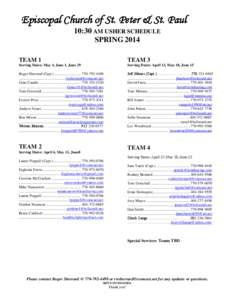 Episcopal Church of St. Peter & St. Paul 10:30 AM USHER SCHEDULE SPRING 2014 TEAM 1  TEAM 3