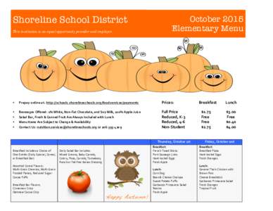    Shoreline School District October 2015 Elementary Menu