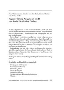 Bernd Hüttner (unter Mitarbeit von Peter Birke, Hartmut Rübner und Thomas Funk) Register für die Ausgaben 1 bis 18 von Sozial.Geschichte Online