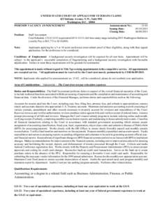 UNITED STATES COURT OF APPEALS FOR VETERANS CLAIMS 625 Indiana Avenue, N.W., Suite 900 Washington, D.CPOSITION VACANCY ANNOUNCEMENT Announcement No.: 15-03