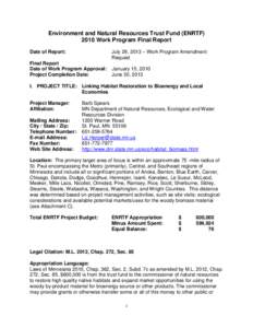 Environment and Natural Resources Trust Fund (ENRTF[removed]Work Program Final Report July 29, 2013 – Work Program Amendment Request  Date of Report: