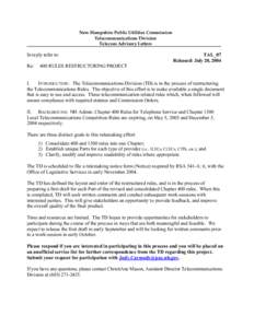 New Hampshire Public Utilities Commission Telecommunications Division Telecom Advisory Letters In reply refer to: Re: