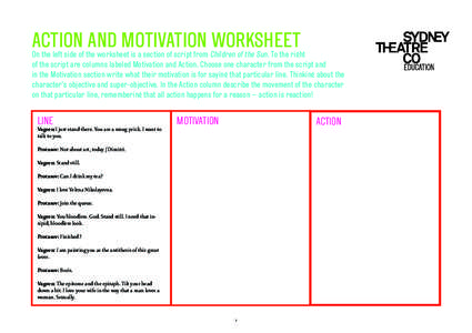 ACTION AND MOTIVATION WORKSHEET On the left side of the worksheet is a section of script from Children of the Sun. To the right of the script are columns labeled Motivation and Action. Choose one character from the scrip