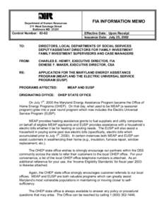 FIA INFORMATION MEMO  Department of Human Resources 311 West Saratoga Street Baltimore MD 21201