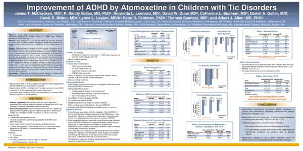 Improvement of ADHD by Atomoxetine in Children with Tic Disorders James T. McCracken, MDa; F. Randy Sallee, MD, PhDb; Henrietta L. Leonard, MDc; David W. Dunn MDd; Catherine L. Budman, MDe; Daniel A. Geller, MDf; Denái 