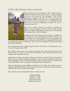 COPLAND, Thomas, Mary and Jessie Thomas Copland was born in Scotland in[removed]Public records are somewhat contradictory about his early years. A lengthy biography