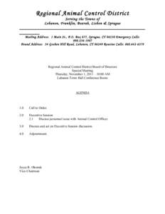 Regional Animal Control District Serving the Towns of Lebanon, Fran klin, Bozrah, Li sbon & S prague __________________________________________________ ________