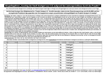 Bürgerbegehren „Ausstieg der Stadt Stuttgart aus S 21 aufgrund des Leistungsrückbaus durch das Projekt!“ Die unterzeichnenden Bürgerinnen und Bürger der Stadt Stuttgart beantragen im Wege eines Bürgerbegehrens n