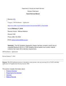 Department of Social and Health Services Olympia, Washington Social Services Manual Revision #75 Category / SSI Facilitation – Application