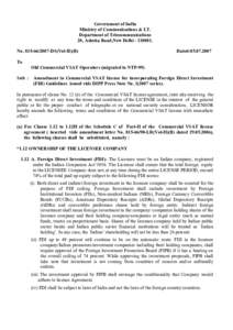 Government of India Ministry of Communications & I.T. Department of Telecommunications 20, Ashoka Road,New Delhi[removed]No[removed]DS(Vol-II)(B)