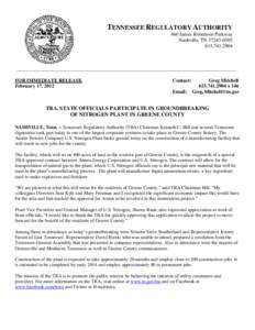 TENNESSEE REGULATORY AUTHORITY 460 James Robertson Parkway Nashville, TN[removed][removed]________________________________________________________________________________________