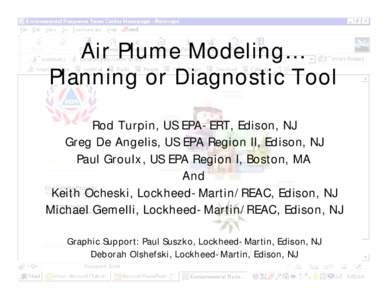 Air Plume Modeling… Planning or Diagnostic Tool Rod Turpin, US EPA-ERT, Edison, NJ Greg De Angelis, US EPA Region II, Edison, NJ Paul Groulx, US EPA Region I, Boston, MA And