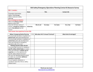 ESD Safety/Emergency Operations Planning Contact & Resource Survey ESD / Location: Name Prevention-Intervention Safety / Risk Manager Others involved in safetyplanning