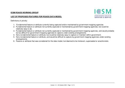 ICSM ROADS WORKING GROUP LIST OF PROPOSED FEATURES FOR ROADS DATA MODEL Definitions of priority: 1. Fundamental feature or attribute currently being captured and/or maintained by government mapping agencies. 2. Fundament