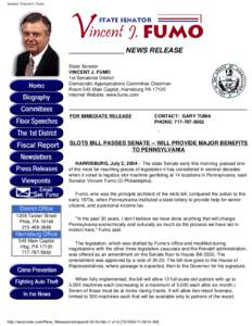 Senator Vincent J. Fumo  _____________________ NEWS RELEASE