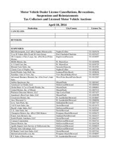 Motor Vehicle Dealer License Cancellations, Revocations, Suspensions and Reinstatements Tax Collectors and Licensed Motor Vehicle Auctions April 18, 2014 Dealership