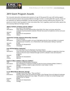 2014 Grant Program Awards Ten innovative education and preservation projects will get off the ground this year with funding support from Erie Canalway Grants. Erie Canalway National Heritage Corridor is investing $65,530