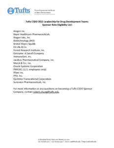 Tufts CSDD 2015 Leadership for Drug Development Teams Sponsor Rate Eligibility List: Amgen Inc. Bayer Healthcare Pharmaceuticals Biogen Idec, Inc. Biotechnology (BIO)