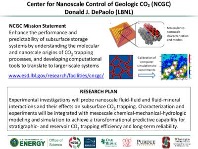 Center for Nanoscale Control of Geologic CO₂ (NCGC) Donald J. DePaolo (LBNL) NCGC Mission Statement Enhance the performance and predictability of subsurface storage systems by understanding the molecular