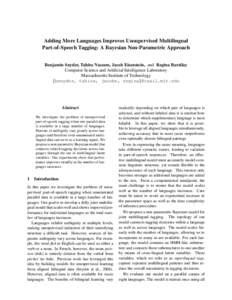 Adding More Languages Improves Unsupervised Multilingual Part-of-Speech Tagging: A Bayesian Non-Parametric Approach Benjamin Snyder, Tahira Naseem, Jacob Eisenstein, and Regina Barzilay Computer Science and Artificial In