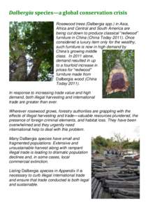 Dalbergia species—a global conservation crisis Rosewood trees (Dalbergia spp.) in Asia, Africa and Central and South America are being cut down to produce classical “redwood” furniture in China (China Today 2011). 