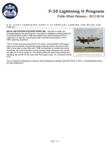 F-35 Lightning II Program Public Affairs Release – [removed]U . K . P I L O T F O R C E  C O M P L E T E S