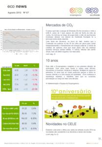 Agosto 2012 Nº 67  Mercados de CO2 O preço spot das Licenças de Emissão (EUAs) encerrou o mês a 6,86 €, cerca de 1 euro abaixo do valor de fecho do mês de Junho. As notícias ao longo de quase todo o mês de que 