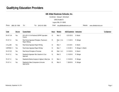 Qualifying Education Providers 426 Allied Business Schools, Inc. Coordinator: George E. Achenbach[removed]Alcalde Dr. Laguna Hills, CA[removed]Phone: