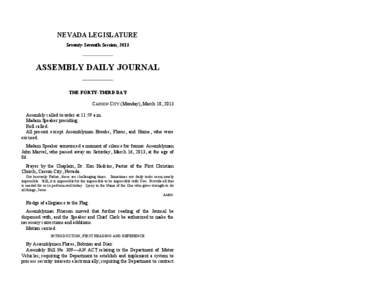 NEVADA LEGISLATURE Seventy-Seventh Session, 2013 ASSEMBLY DAILY JOURNAL THE FORTY-THIRD DAY CARSON CITY (Monday), March 18, 2013