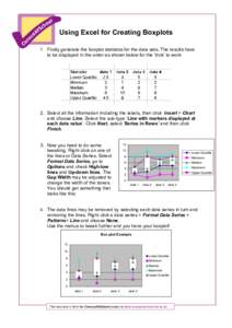 Using Excel for Creating Boxplots 1. Firstly generate the boxplot statistics for the data sets. The results have to be displayed in the order as shown below for the ‘trick’ to work 2. Select all the information inclu