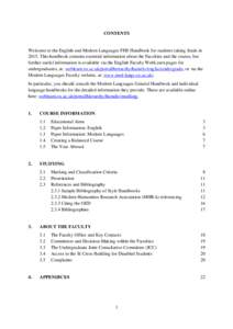 CONTENTS  Welcome to the English and Modern Languages FHS Handbook for students taking finals in[removed]This handbook contains essential information about the Faculties and the course, but further useful information is av