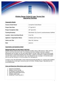 Whalley Range Cricket & Lawn Tennis Club Upgrading Facilities Geographic Details County Cricket Board  Lancashire Cricket Board