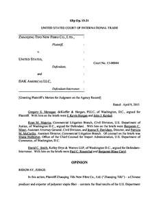 Slip OpUNITED STATES COURT OF INTERNATIONAL TRADE ZHAOQING TIFO NEW FIBRE CO., LTD., Plaintiff, v.