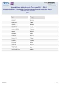 Candidats présélectionnés Concours CR1Groupe de disciplines : Physiologie et physiopathologie des systèmes endocrinien, digestif, ostéo-articulaire et cutané CSS