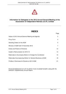 ASSOCIATION OF INDEPENDENT RETIREES (A.I.R.) LIMITED ACN[removed]Information for Delegates to the 2013 Annual General Meeting of the Association of Independent Retirees (A.I.R.) Limited